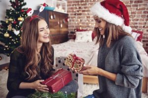 woman wearing red santa hat