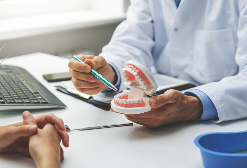 Dentist showing patient model teeth